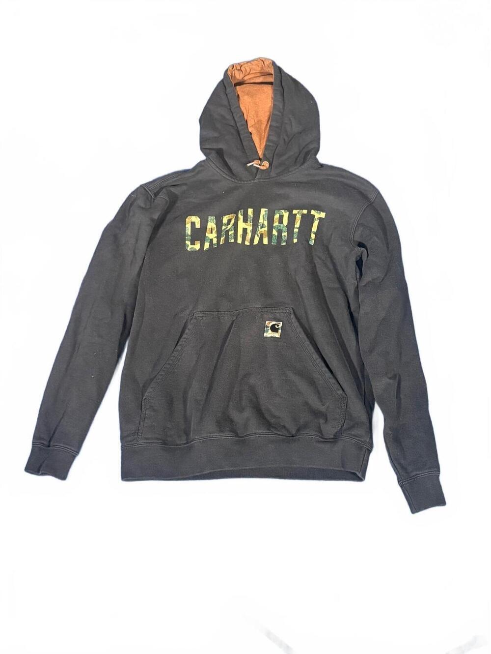 Carhartt Men Small Loose Fit Camo Logo Graphic Hoodie Black Sweatshirt 105486